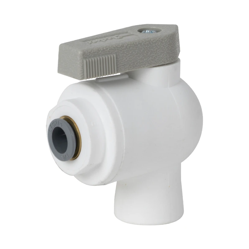 1/4" OD Push-to-Connect x 1/4" FNPTF White Polypropylene LIQUIfit® Female Elbow Two-Way Ball Valve