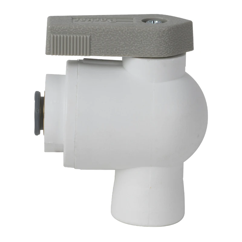 1/4" OD Push-to-Connect x 1/4" FNPTF White Polypropylene LIQUIfit® Female Elbow Two-Way Ball Valve