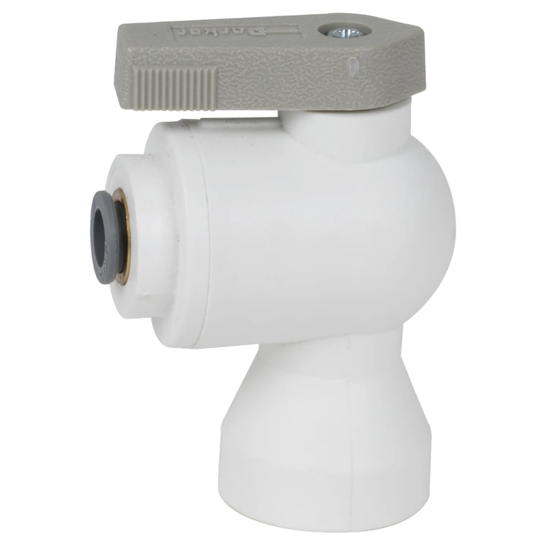 1/4" OD Push-to-Connect x 3/8" FNPTF White Polypropylene LIQUIfit® Female Elbow Two-Way Ball Valve