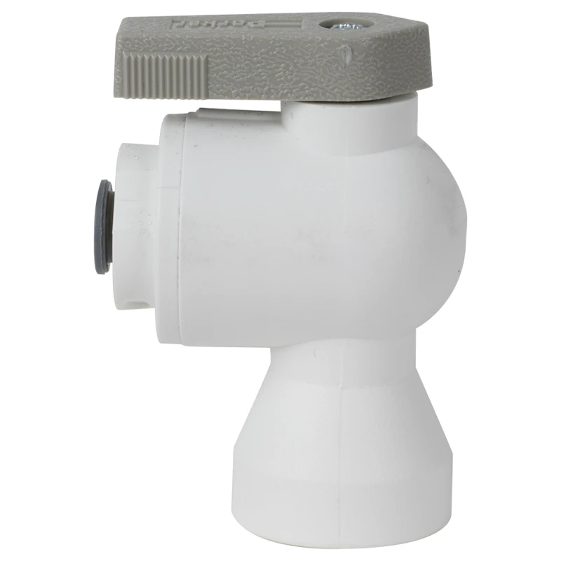 3/8" OD Push-to-Connect x 1/4" FNPTF White Polypropylene LIQUIfit® Female Elbow Two-Way Ball Valve