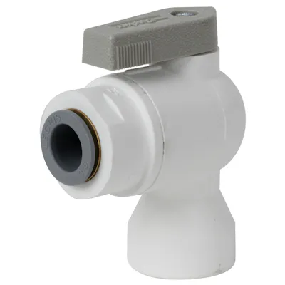 3/8" OD Push-to-Connect x 3/8" FNPTF White Polypropylene LIQUIfit® Female Elbow Two-Way Ball Valve