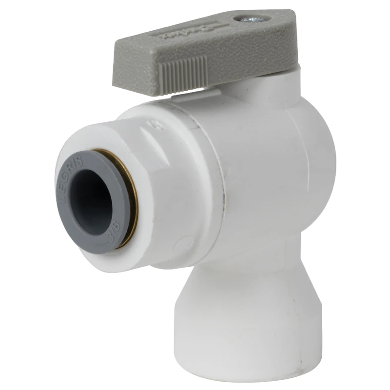 3/8" OD Push-to-Connect x 3/8" FNPTF White Polypropylene LIQUIfit® Female Elbow Two-Way Ball Valve