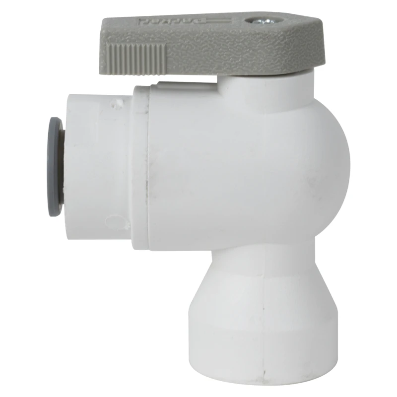 3/8" OD Push-to-Connect x 3/8" FNPTF White Polypropylene LIQUIfit® Female Elbow Two-Way Ball Valve
