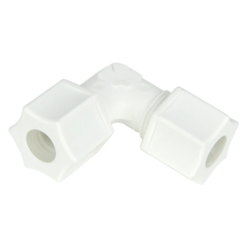 3/8" OD Tube x 3/8" OD Tube Jaco Polypropylene Elbow Tube Fitting with Plastic Gripper - 220 psi