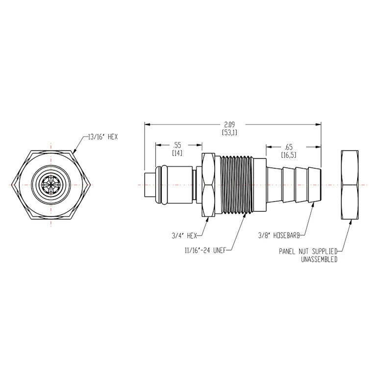 3/8" Hose Barb LC Series Chrome-Plated Brass Panel Mount Coupling Insert - Straight Thru (Body Sold Separately)