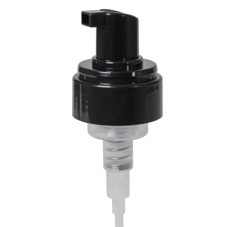 43mm Black Polypropylene Dispensing Foaming Pump with 7-3/8" Dip Tube, 0.7mL Output & Clear Overcap
