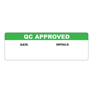 "QC Approved" with "Date" & "Initials" Blocks Rectangular Water-Resistant Polypropylene Write-On Label with Green Header - 3" x 1"