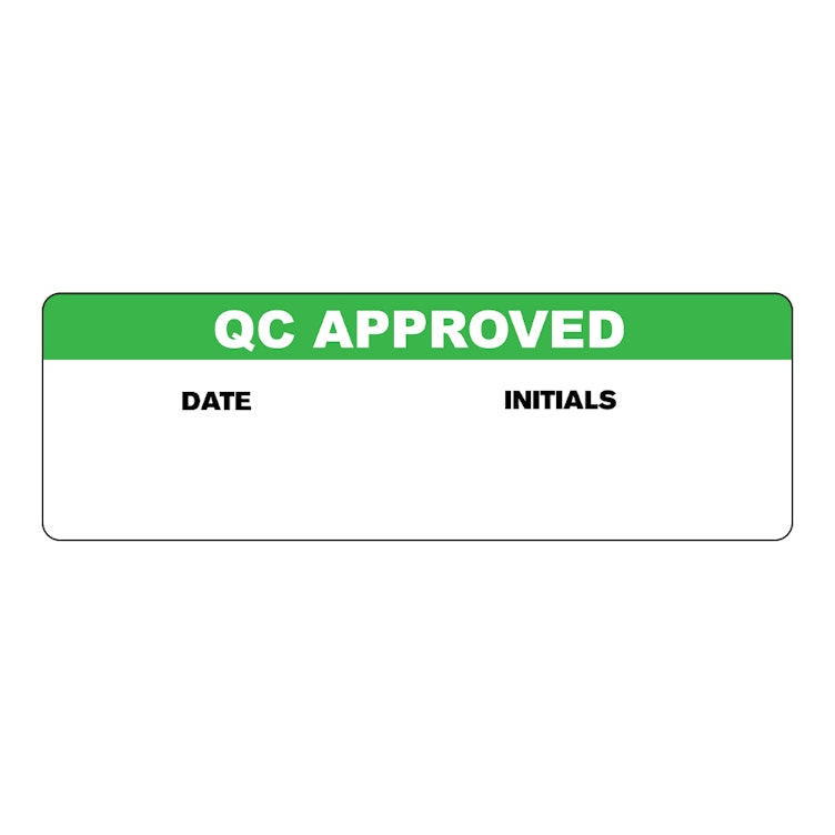 "QC Approved" with "Date" & "Initials" Blocks Rectangular Water-Resistant Polypropylene Write-On Label with Green Header - 3" x 1"