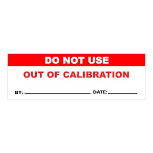"Do Not Use - Out of Calibration" with "By __" & "Date __" Rectangular Water-Resistant Polypropylene Write-On Label with Red Header - 3" x 1"