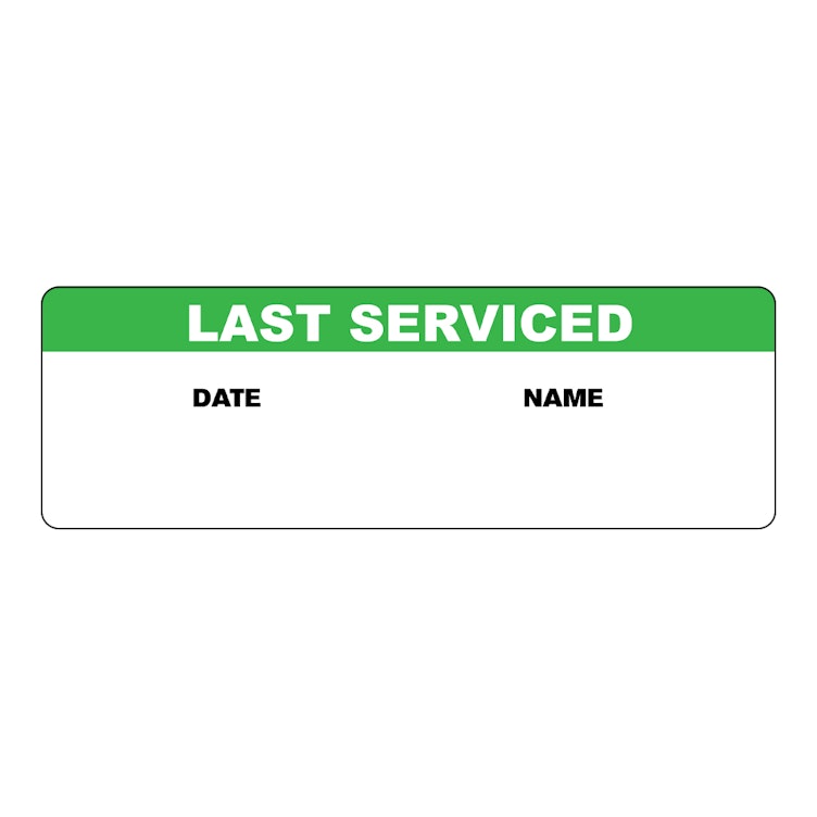 "Last Serviced" with "Date" & "Name" Blocks Rectangular Water-Resistant Polypropylene Write-On Label with Green Header - 3" x 1"