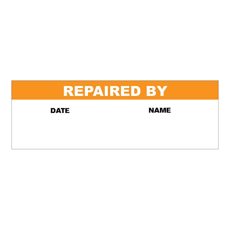 "Repaired By" with "Date" & "Name" Blocks Rectangular Water-Resistant Polypropylene Write-On Label with Orange Header - 3" x 1"