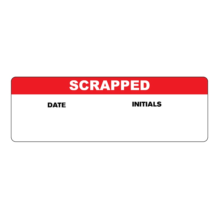 "Scrapped" with "Date" & "Initials" Blocks Rectangular Water-Resistant Polypropylene Write-On Label with Red Header - 3" x 1"