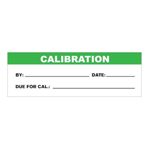 "Calibration" with "By __," "Date __" & "Due for Cal __" Rectangular Water-Resistant Polypropylene Write-On Label with Green Header - 3" x 1"