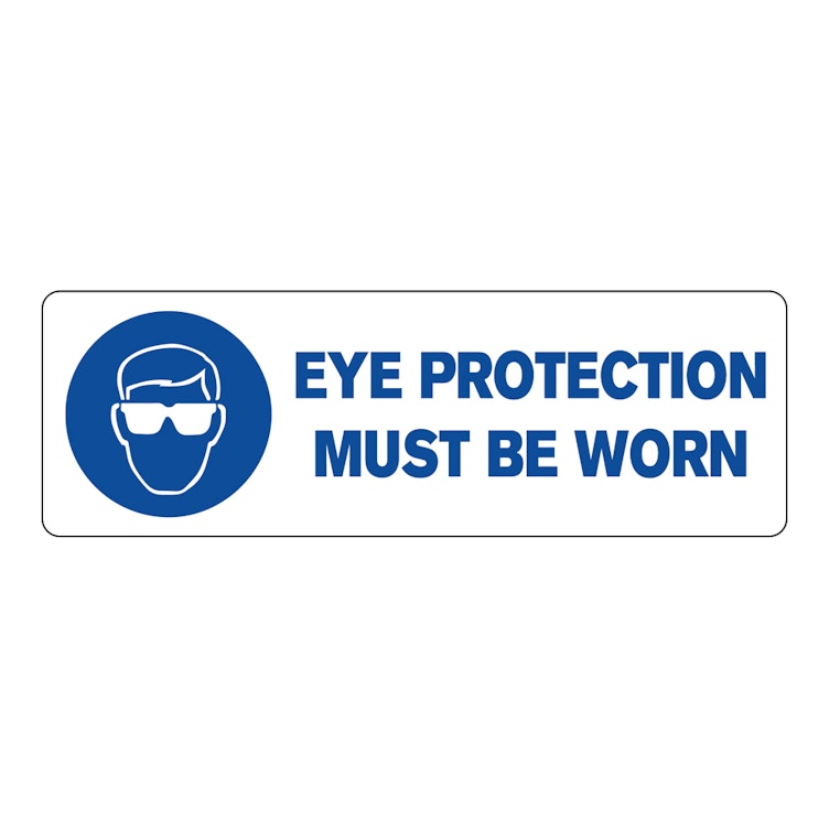 "Eye Protection Must Be Worn" Rectangular Water-Resistant Polypropylene Label with Symbol & Blue Font - 3" x 1"
