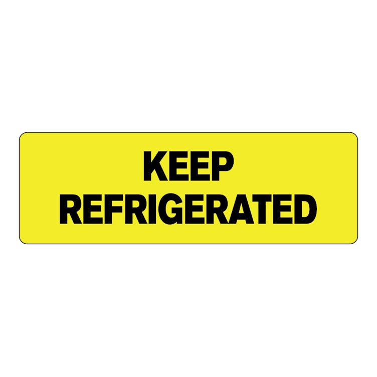 "Keep Refrigerated" Rectangular Water-Resistant Polypropylene Label with Yellow Background - 3" x 1"