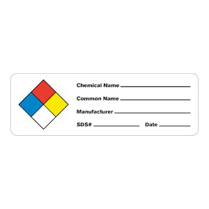 "Chemical Name __," "Common Name __," "Manufacturer __," "SDS # __" & "Date __" Rectangular Water-Resistant Polypropylene Write-On Label - 3" x 1"
