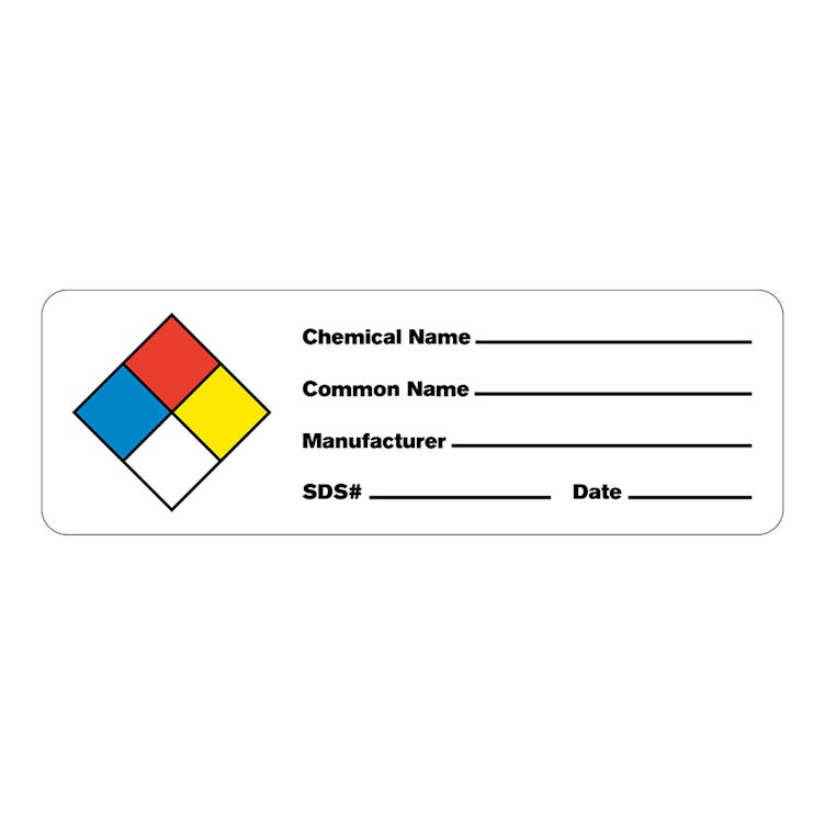 "Chemical Name __," "Common Name __," "Manufacturer __," "SDS # __" & "Date __" Rectangular Water-Resistant Polypropylene Write-On Label - 3" x 1"