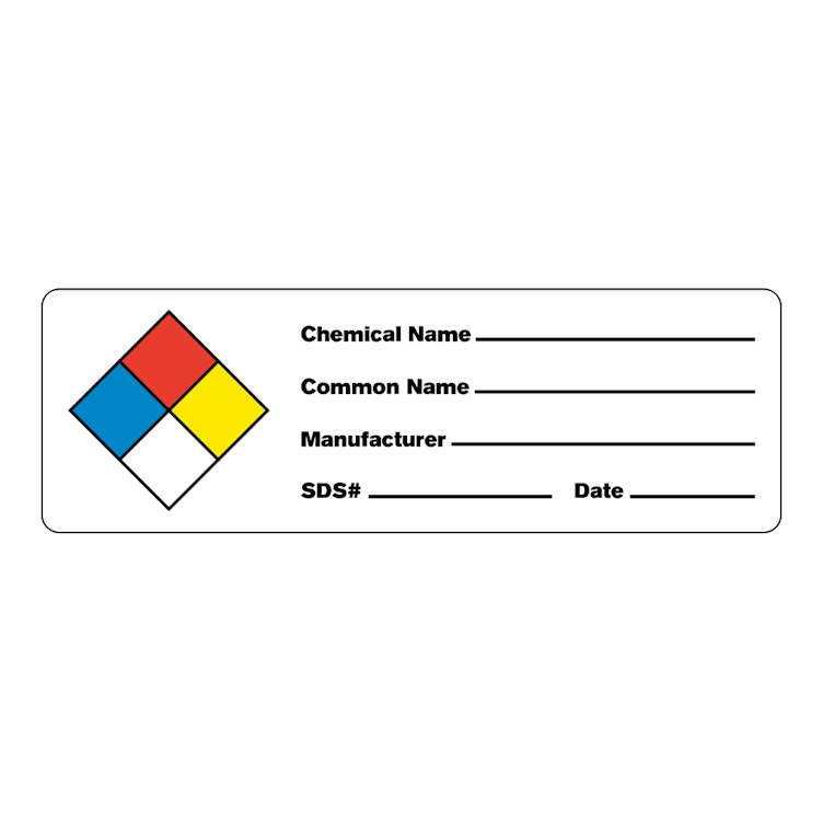 "Chemical Name __," "Common Name __," "Manufacturer __," "SDS # __" & "Date __" Rectangular Water-Resistant Polypropylene Write-On Label - 3" x 1"