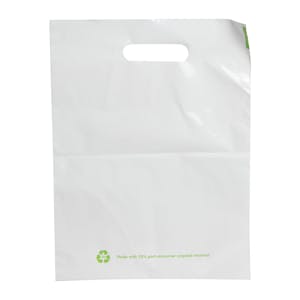 9" W x 12" L 2.25 mil White LDPE (25% PCR Material) Merchandise Bags with Handle - Case of 1000