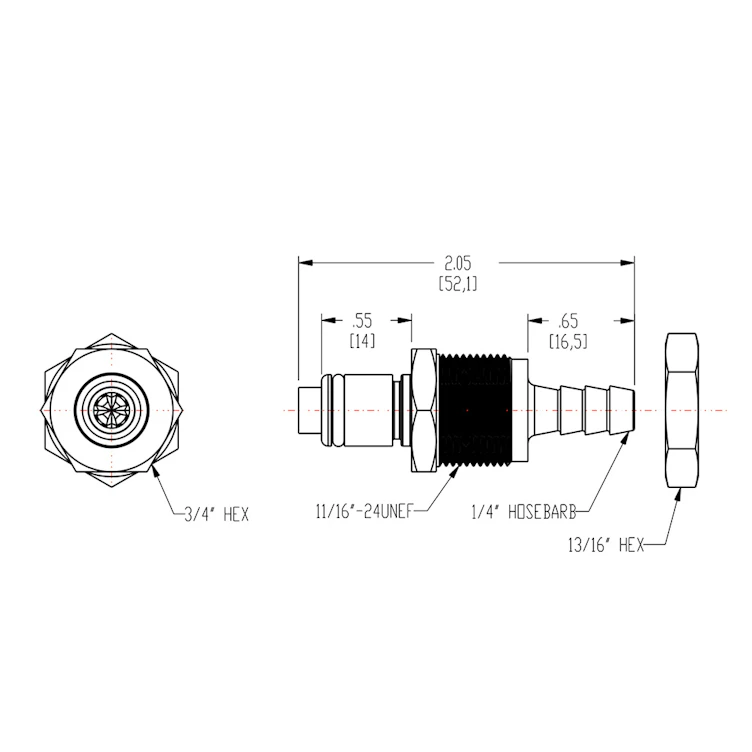 1/4" Hose Barb NSF-listed PLC Series Acetal Panel Mount Insert - Shutoff (Body Sold Separately)