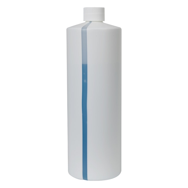 32 oz. White HDPE Cylindrical Easy-View Stripe Bottle with 28/410 White Ribbed Cap with F217 Liner