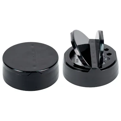 53/485 Black 7 Hole Dual Door Spice Cap with Heat Induction Liner for PET Jars - 0.190" Holes