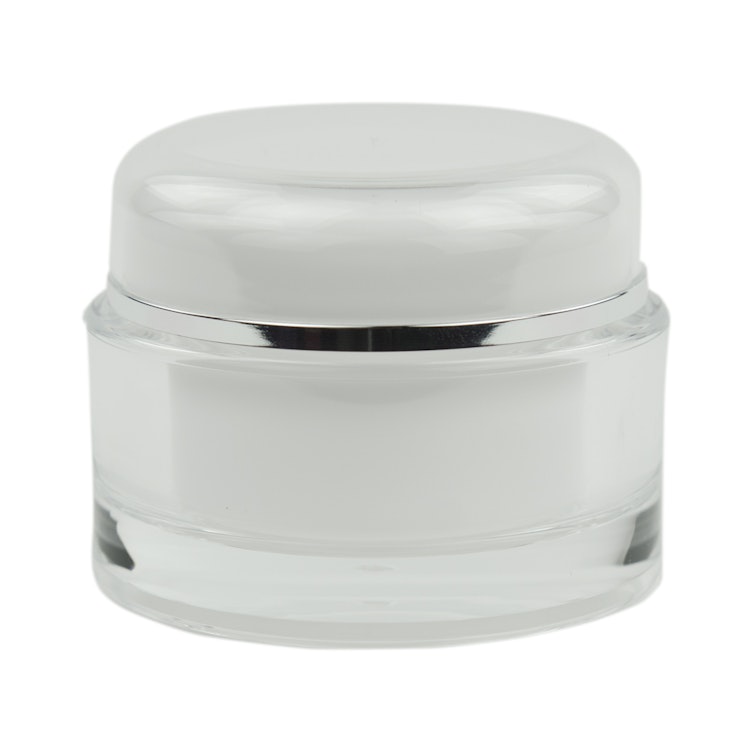 50mL Clear Acrylic/White Polypropylene Silver Trimmed Round Jar with Cap & PE Disc Liner