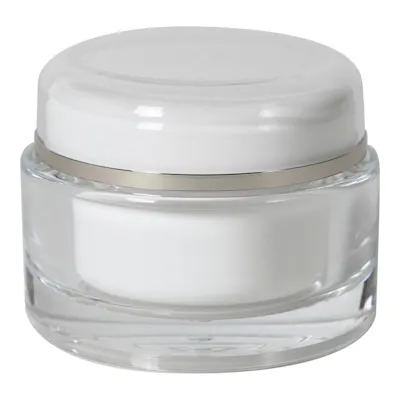 60mL Clear Acrylic/White Polypropylene Silver Trimmed Round Jar with Cap & Polypropylene Disc Liner
