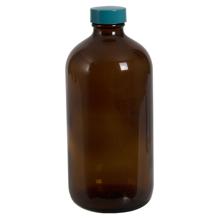 16 oz. Amber Boston Round Glass Bottle, 28mm 28-400
