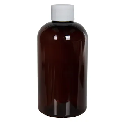 12 oz. Light Amber PET Squat Boston Round Bottle with 24/410 White Ribbed Cap with F217 Liner