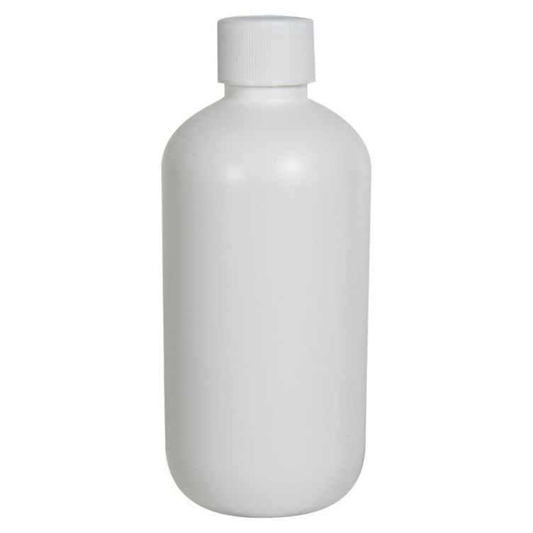 4 oz. White HDPE Boston Round Bottle with 24/410 White Ribbed Cap with F217 Liner