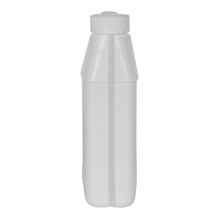32 oz. White HDPE F-Style Jug with Window Strip & 33/400 White Polypropylene Ribbed CRC Cap with F217 Liner
