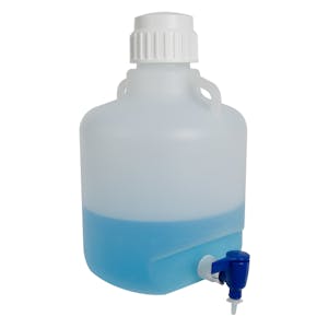 2-1/2 Gallon (10 Liter) Natural Polypropylene USP Class VI Autoclavable Round Carboy with 83mm White Screw Cap & Blue & White Spigot