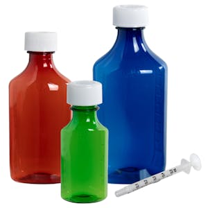 Oval Liquid Bottles with Caps, Dosing Syringes & Adapters