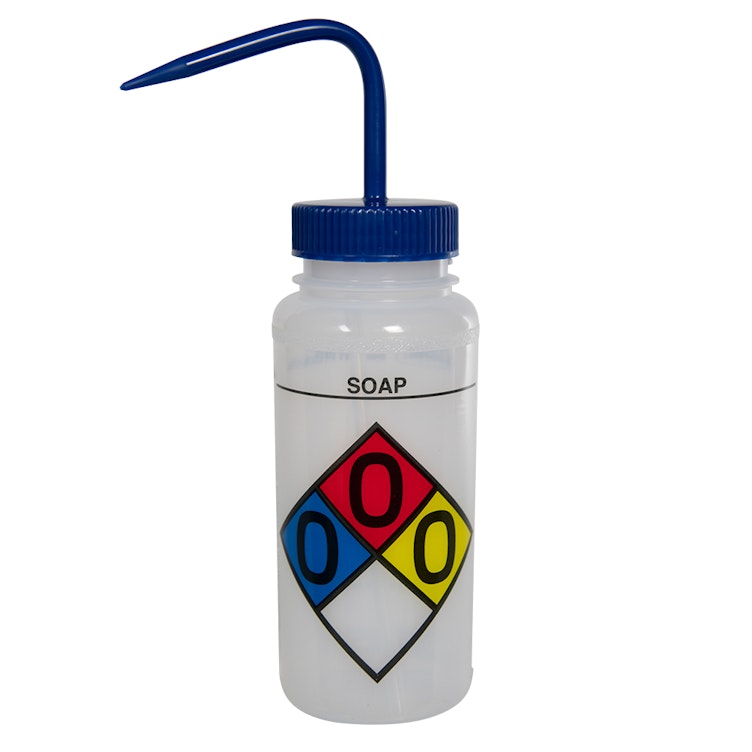500mL (16 oz.) Scienceware® Soap Wide Mouth Safety-Labeled Wash Bottles with Blue Dispensing Nozzle