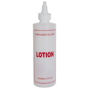 8 oz. Natural HDPE Cylinder Bottle with 24/410 Twist Open/Close Cap & Red "Lotion" Embossed