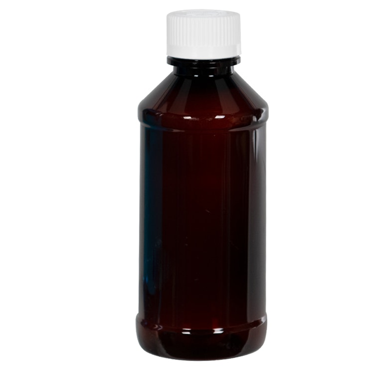 4 oz. Amber PET Modern Round Bottle with 24/400 White Polypropylene Ribbed CRC Cap with F217 Liner