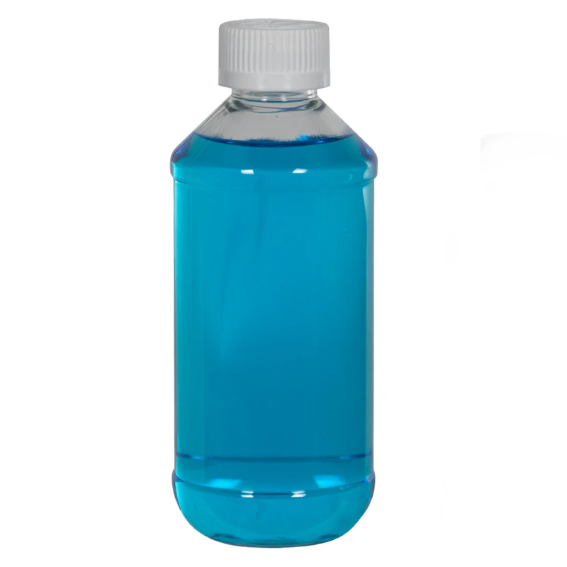 8 oz. Clear PET Modern Round Bottle with 24/400 White Polypropylene Ribbed CRC Cap with F217 Liner