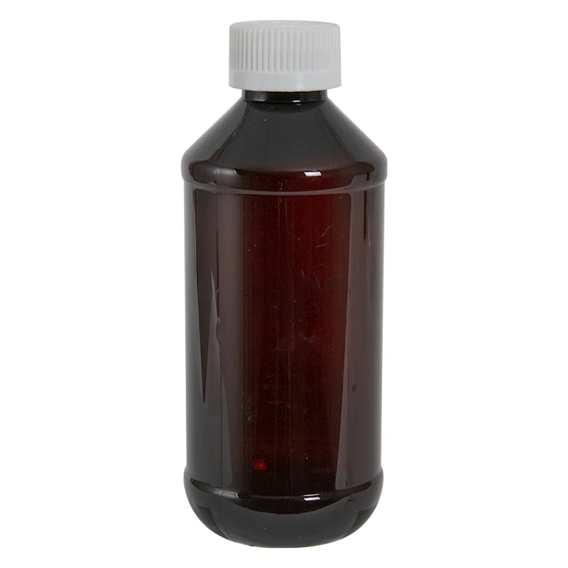 8 oz. Amber PET Modern Round Bottle with 24/400 White Polypropylene Ribbed CRC Cap with F217 Liner