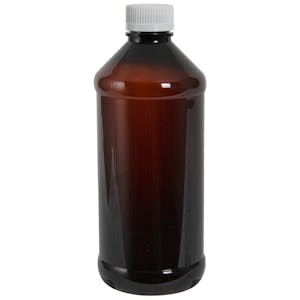 16 oz. Modern Round Amber PET Bottle with 28/400 White Ribbed Cap with F217 Liner