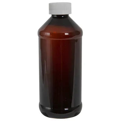 16 oz. Amber PET Modern Round Bottle with 28/400 White Polypropylene Ribbed CRC Cap with F217 Liner