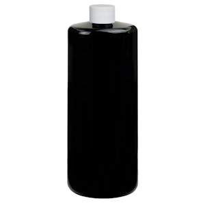 32 oz. Black PET Cylindrical Bottle with 28/410 White Ribbed Cap with F217 Liner