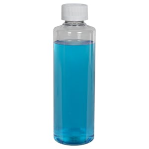 1 oz. Clear PET Cylindrical Bottle with 20/410 White Polypropylene Ribbed CRC Cap with F217 Liner