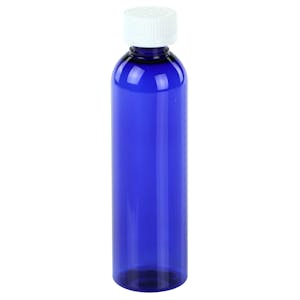 4 oz. Cobalt Blue PET Cosmo Round Bottle with 20/410 White Polypropylene Ribbed CRC Cap with F217 Liner