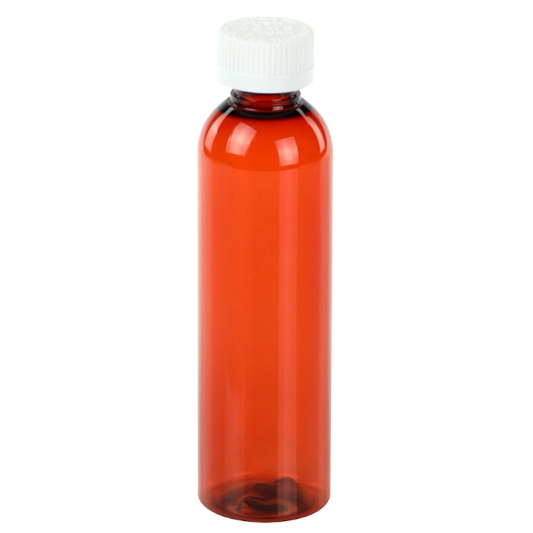 4 oz. Red Amber PET Cosmo Round Bottle with 20/400 White Ribbed CRC Cap with F217 Liner