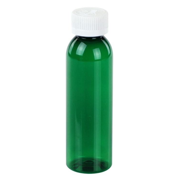 4 oz. Dark Green PET Cosmo Round Bottle with 24/410 White Polypropylene Ribbed CRC Cap with F217 Liner