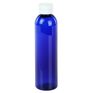 8 oz. Cobalt Blue PET Cosmo Round Bottle with 24/410 White Polypropylene Ribbed CRC Cap with F217 Liner