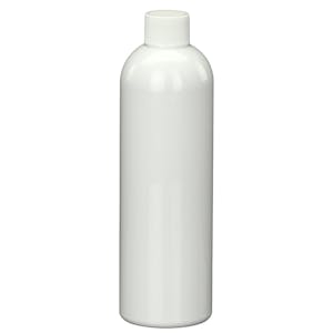 12 oz. White PET Cosmo Round Bottle with 24/410 White Ribbed Cap with F217 Liner