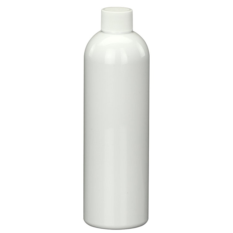 12 oz. White PET Cosmo Round Bottle with 24/410 White Ribbed Cap with F217 Liner
