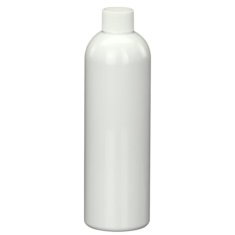 12 oz. White PET Cosmo Round Bottle with 24/410 White Ribbed Cap with F217 Liner